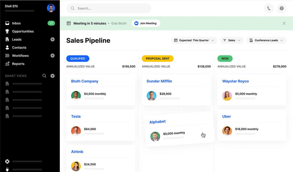 Close presents an annualized value of each client in the pipeline.