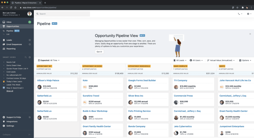 Close provides complete visibility of your sales pipeline, together with opportunities available.