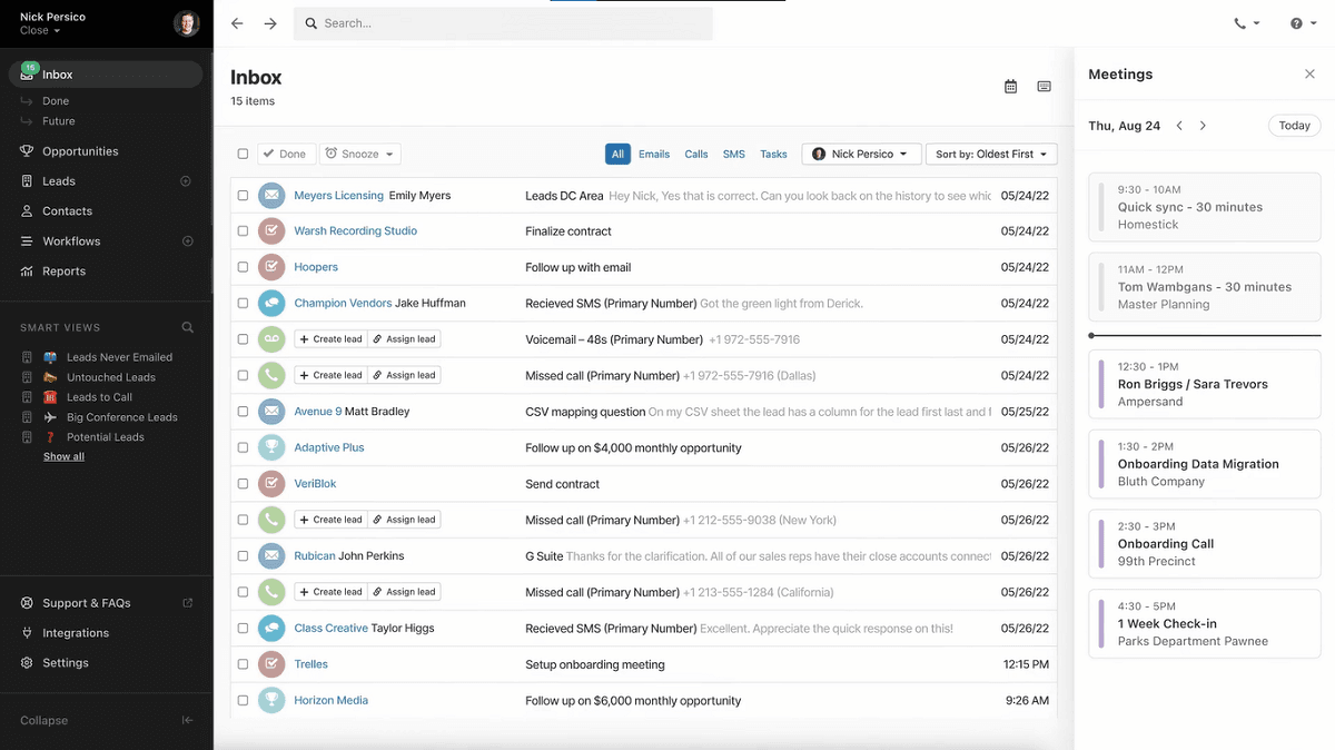 Calls made within the Close app can be recorded and automatically converted into searchable transcripts.
