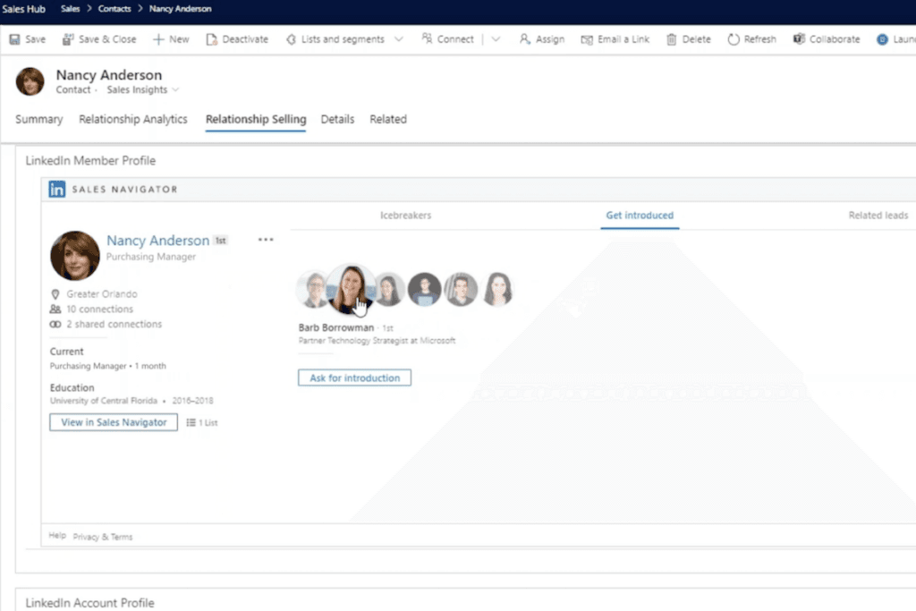 Dynamics 365 Sales allows users to understand contact relationship health and opportunities.