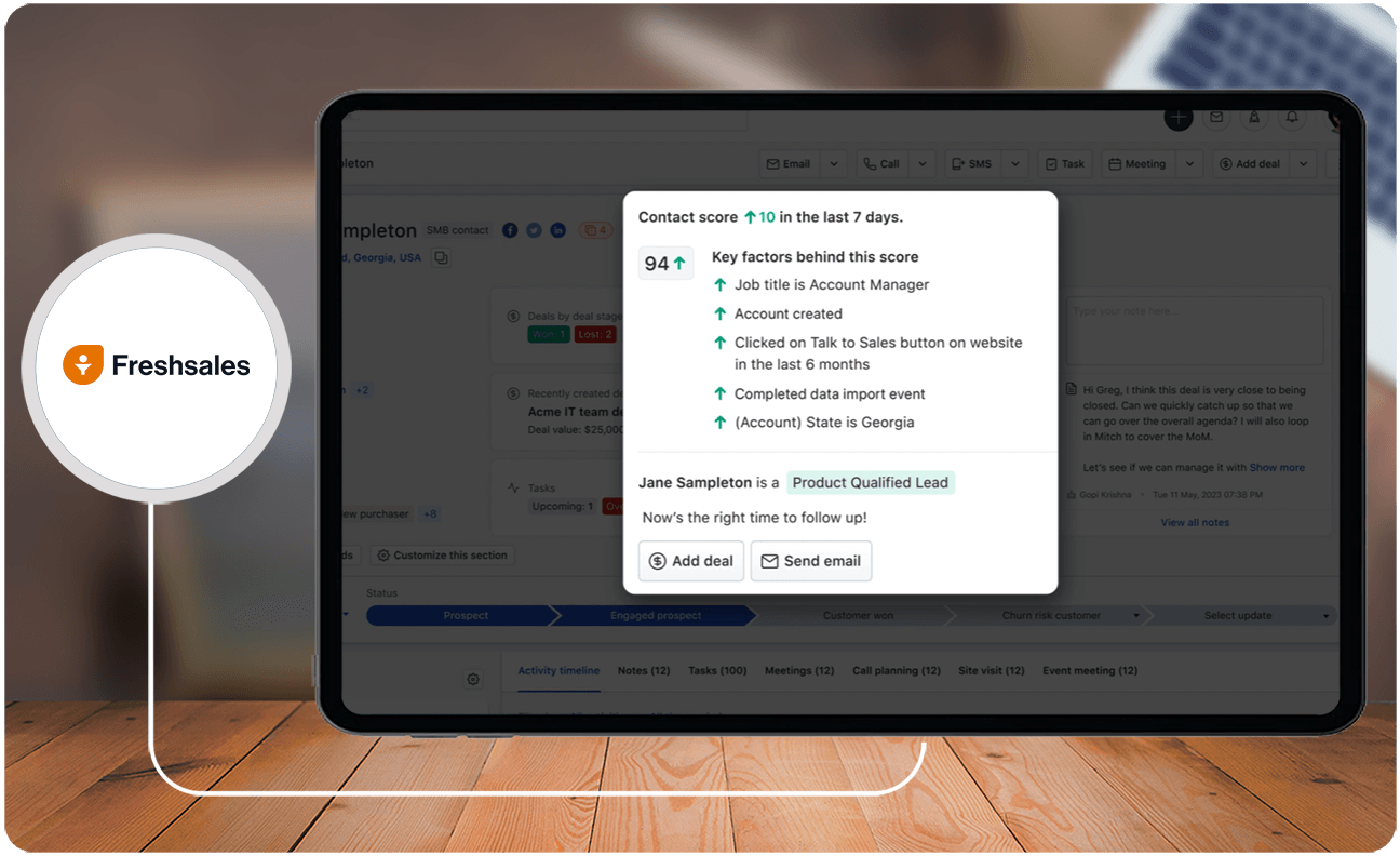 Fueled by Freddy AI, Contact Scoring assists in pinpointing high-potential leads by assessing their identity and interactions with your company.