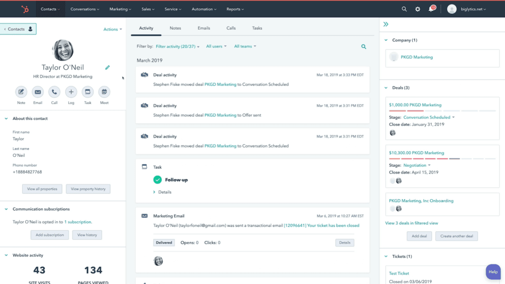 HubSpot Sales Hub allows users to create detailed customer profiles so agents can get the context they need for personalization.