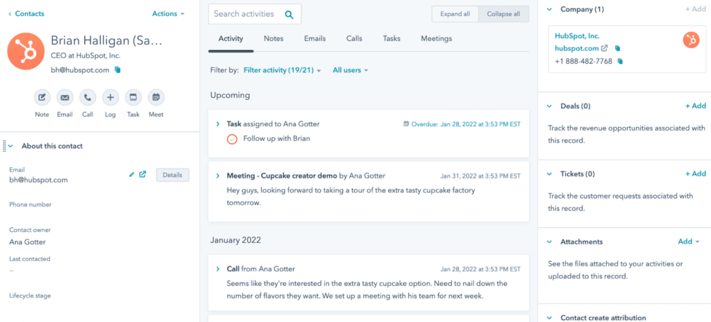 HubSpot Sales Hub provides a detailed context of past contact engagement activities.