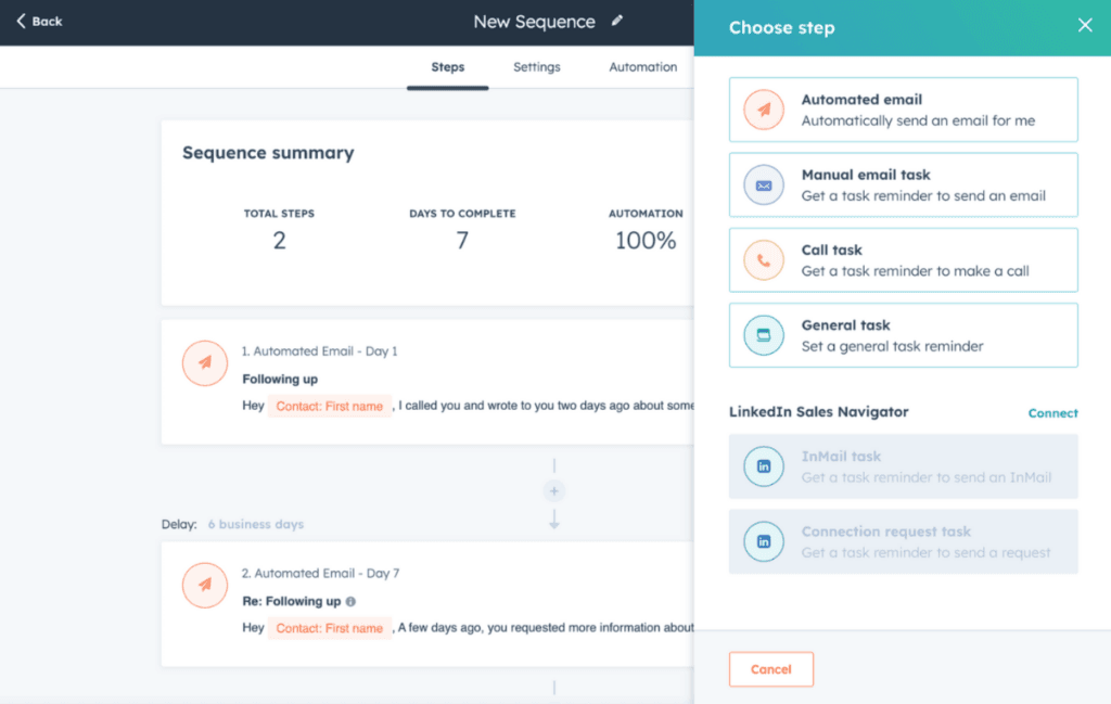 HubSpot Sales Hub allows you to create automated sequences and workflows.