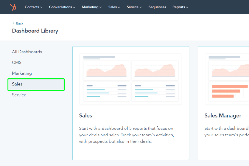 HubSpot Sales Hub provides interactive dashboards, charts, and graphs.