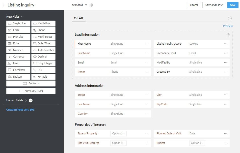 Available customizations for Zoho CRM.