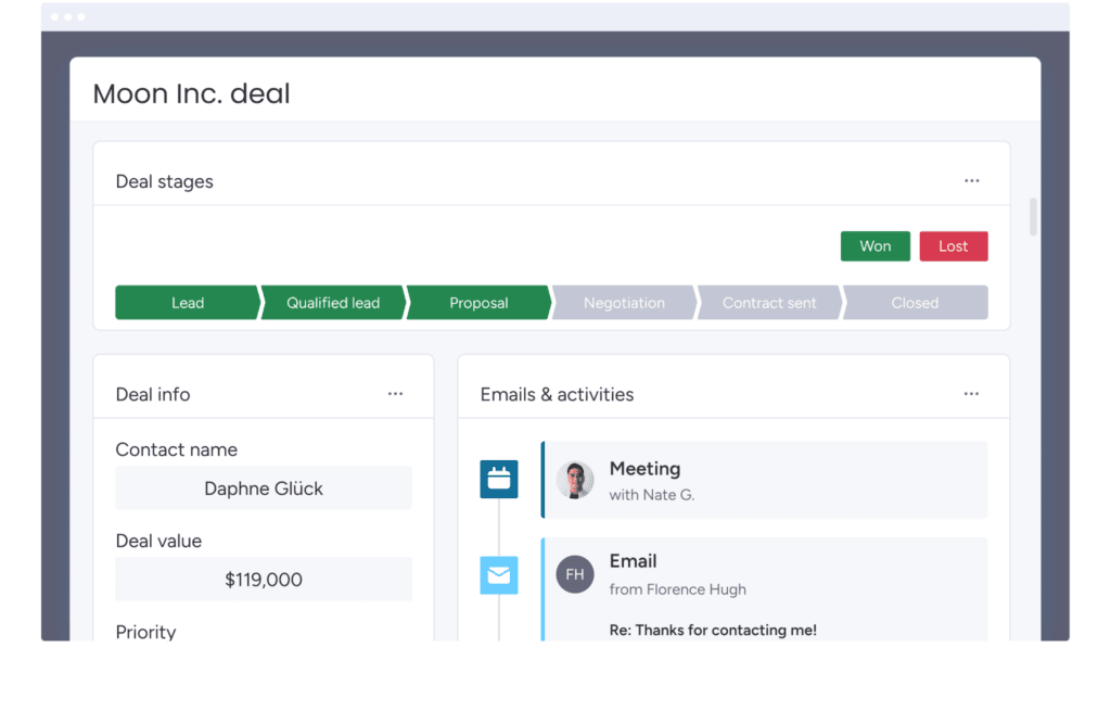 monday Sales CRM makes it easy to view past and upcoming sales activities.