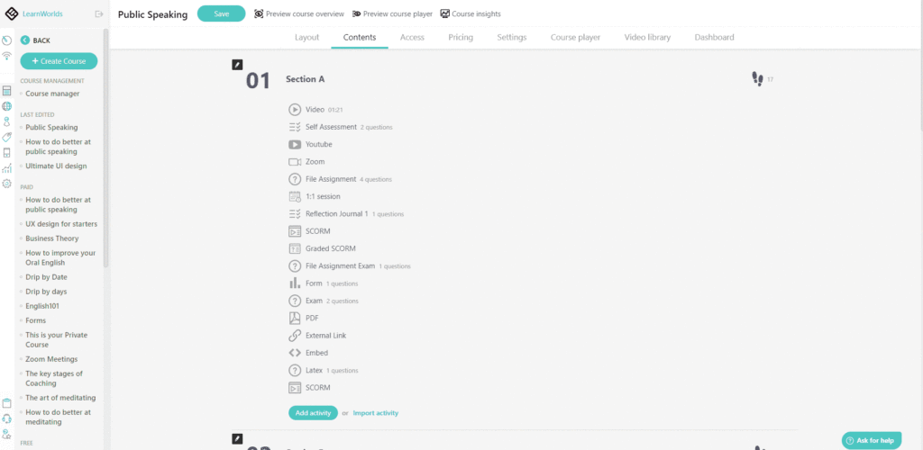 LearnWorlds course builder.